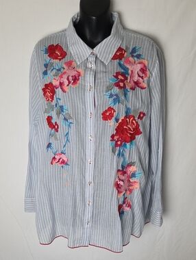 Soft Surroundings Button Down Garden City Floral Embroidered Cotton Shirt Sz XL